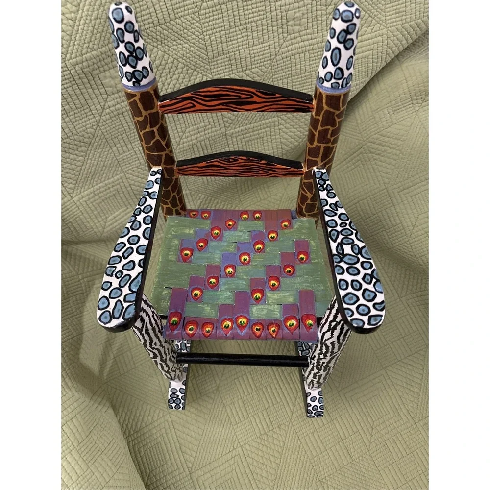 Hand Painted Folk Art Doll Rocking Chair Animal Print Miniature 16